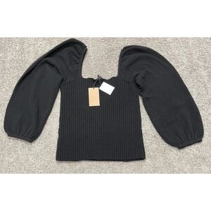 Halogen Sweater Womens M Black Puff Sleeve Square Neck Nordstrom Wool‎ Blend NEW